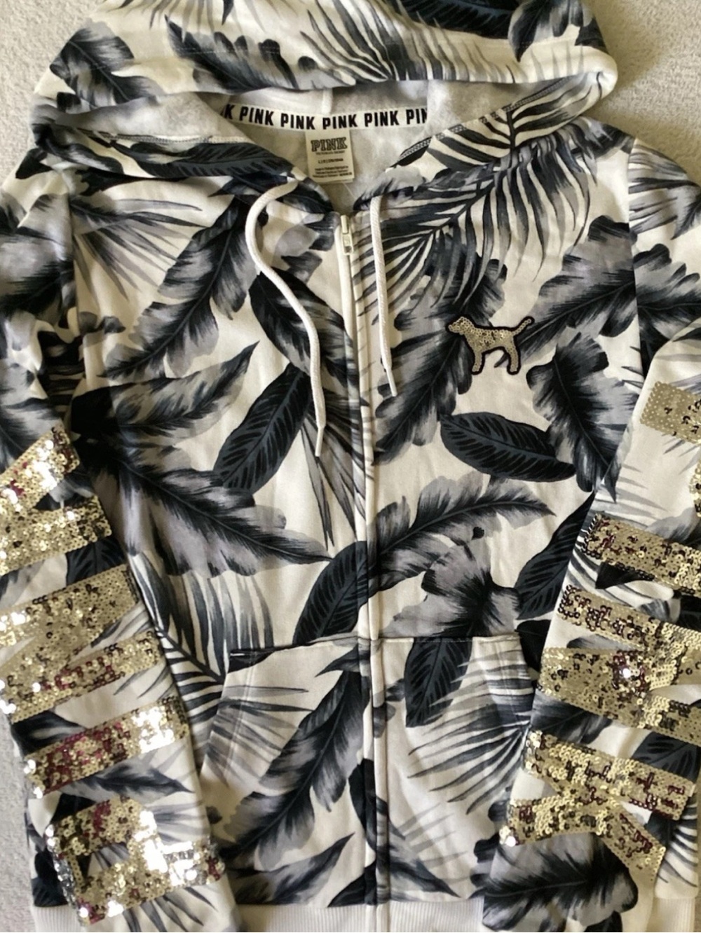 Victoria’s Secret PINK BLING Tropical Palm Hoodie Jacket Shirt Yoga Leggings NWT - Picture 2 of 4